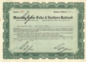 Waterloo, Cedar Falls and Northern Railroad - Stock Certificate