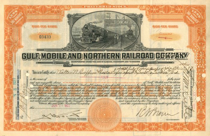 Gulf, Mobile and Northern Railroad Co. - Railway Stock Certificate