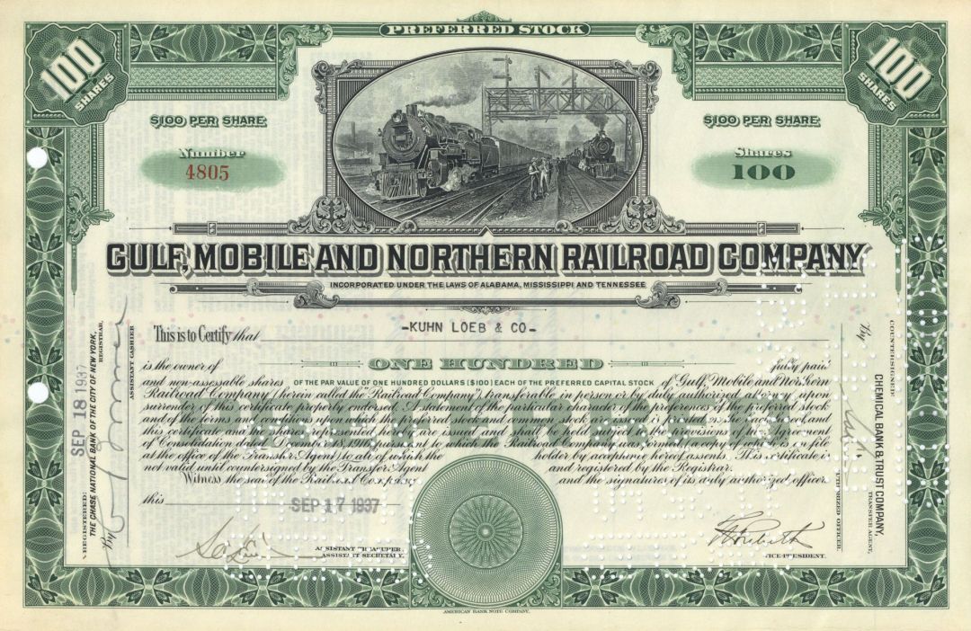 Gulf, Mobile and Northern Railroad Co. - 1920's-30's dated Railway Stock Certificate