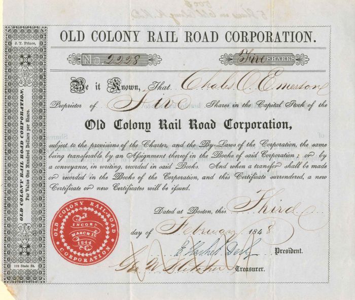 Old Colony Rail Road Corporation - Stock Certificate