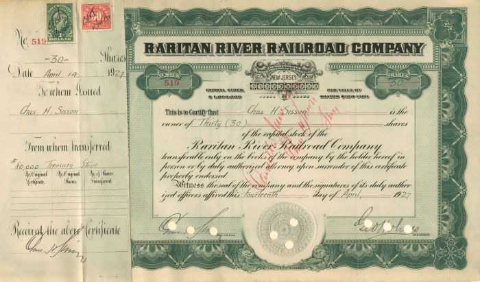 Raritan River Railroad Co. - Stock Certificate