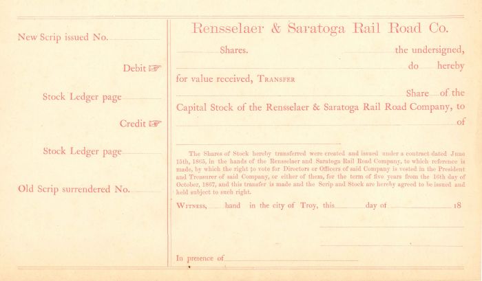 Rensselaer and Saratoga Rail Road Co. - Unissued Stock Certificate