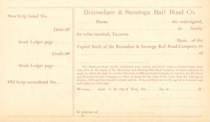 Rensselaer and Saratoga Rail Road Co. - Unissued Stock Certificate