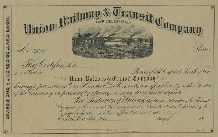 Union Railway and Transit Co. (of Illinois.) - Stock Certificate