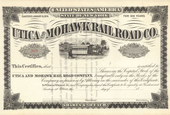 Utica and Mohawk Railroad Co. - Stock Certificate