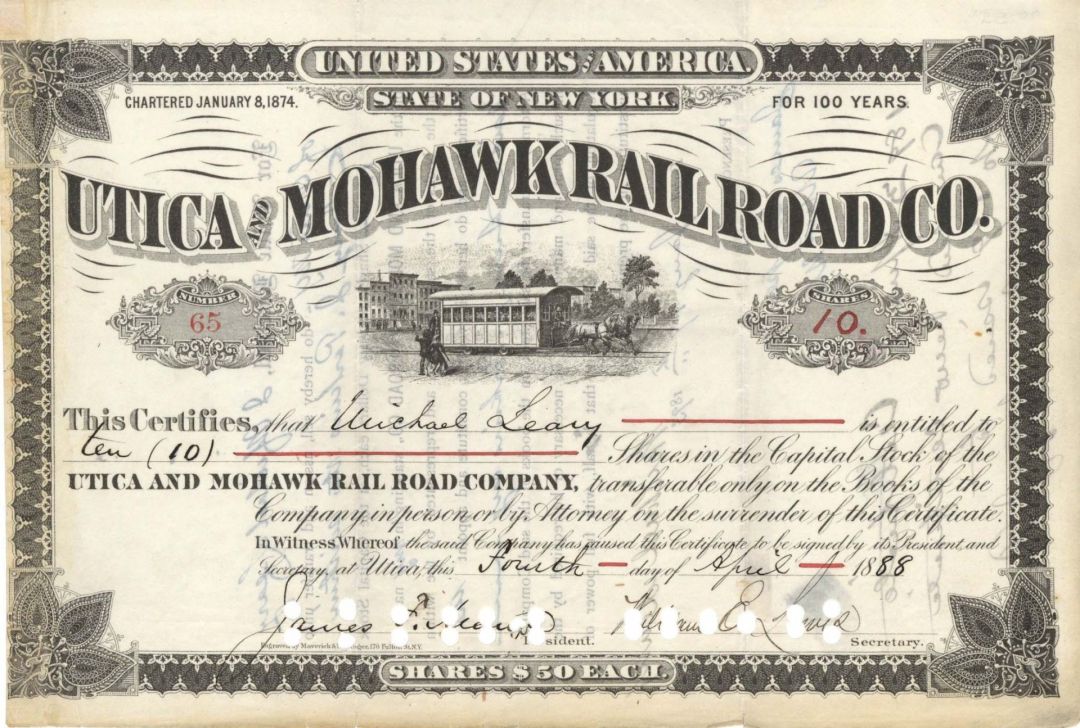 Utica and Mohawk Rail Road Co. - 1888 dated Railway Stock Certificate