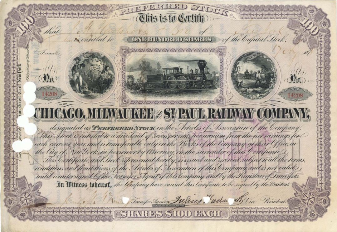 Chicago, Milwaukee and St. Paul Railway Co. - 1878 dated Stock Certificate