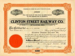 Clinton Street Railway Co. of Clinton, Iowa - Stock Certificate