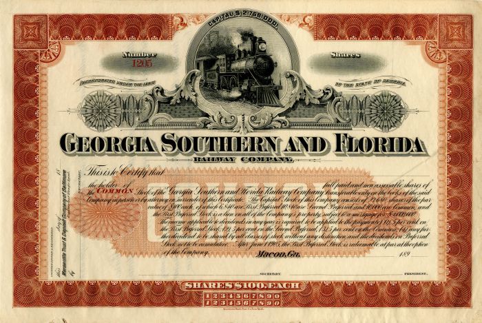 Georgia Southern and Florida Railway Co. - Stock Certificate