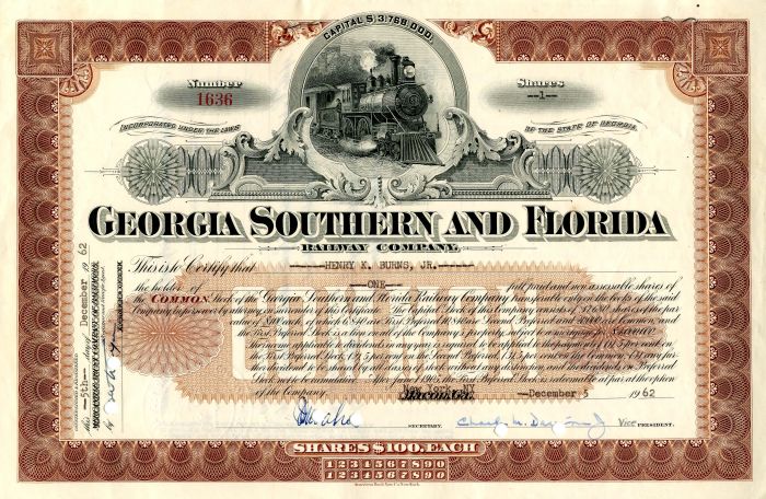 Georgia Southern and Florida Railway Co. - Stock Certificate