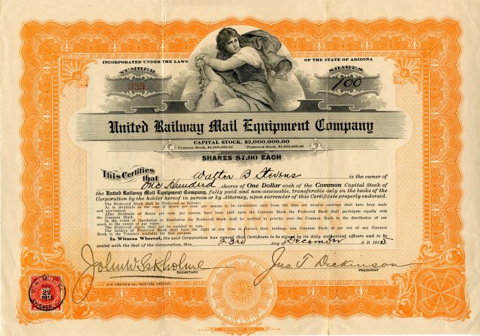 United Railway Mail Equipment Co. - Stock Certificate