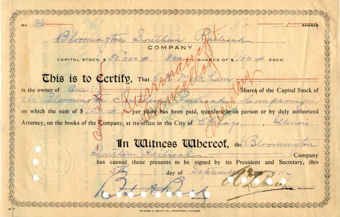 Bloomington Southern Railroad Co. - Stock Certificate