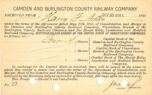 Camden and Burlington County Railway Co. - Stock Certificate