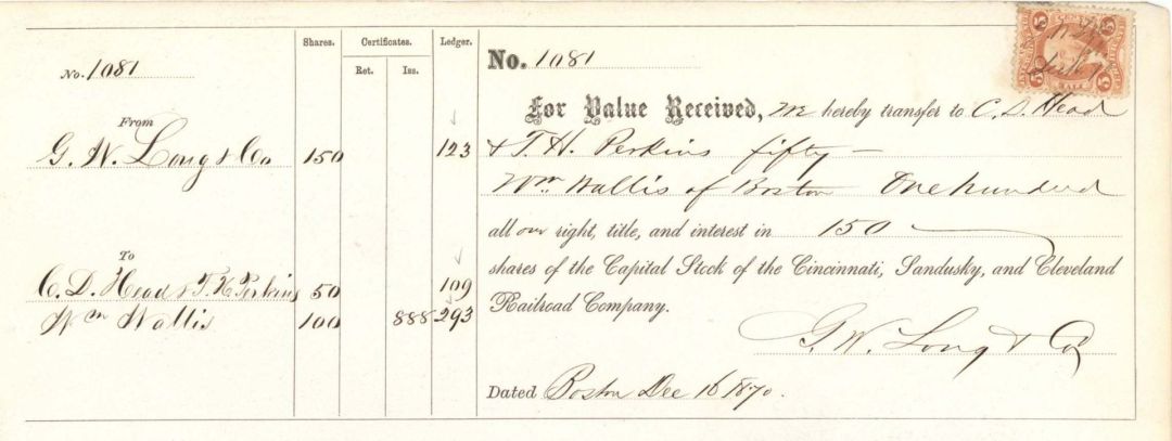 Cincinnati, Sandusky and Cleveland Railroad Co. - 1870-71 dated Railway Transfer Receipt