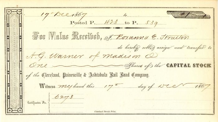 Painesville and Ashtabula Railroad Cleveland Stock Certificate 