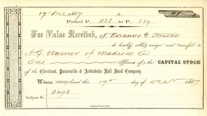 Cleveland, Painesville and Ashtabula Rail Road Co. - Railway Stock Transfer