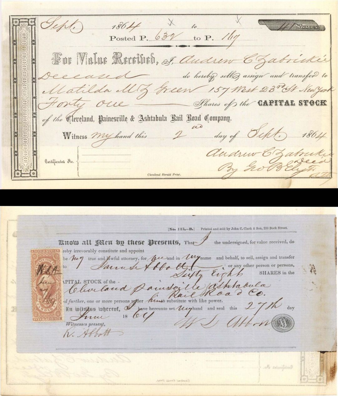 Cleveland, Painesville and Ashtabula Rail Road Co. - 1864 dated Railway Stock Transfer with Revenue Stamp