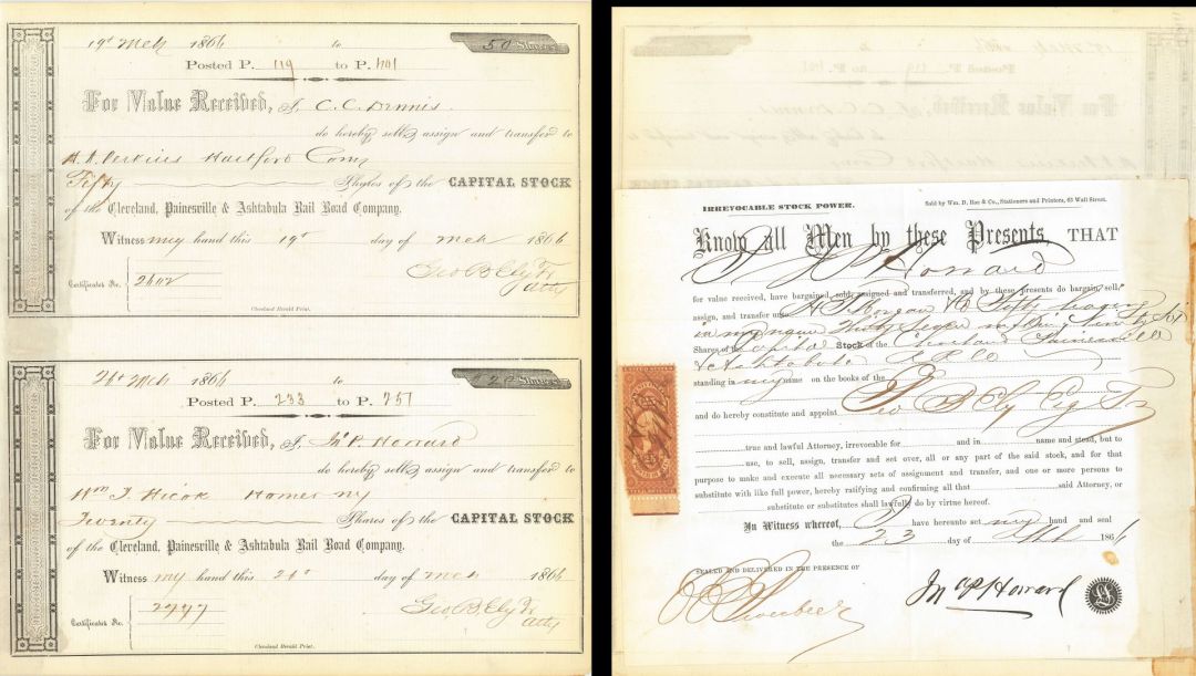 Cleveland, Painesville and Ashtabula Rail Road Co. - 1866 or 1867 dated Railway Stock Transfer with Revenue Stamp