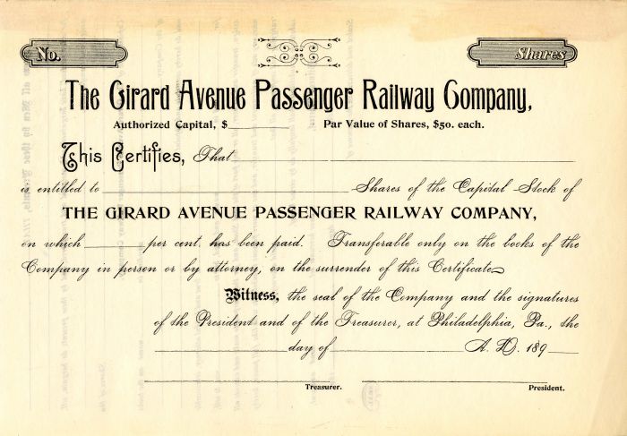 Girard Avenue Passenger Railway Co. - Stock Certificate