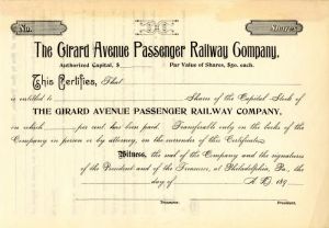 Girard Avenue Passenger Railway Co. - Stock Certificate