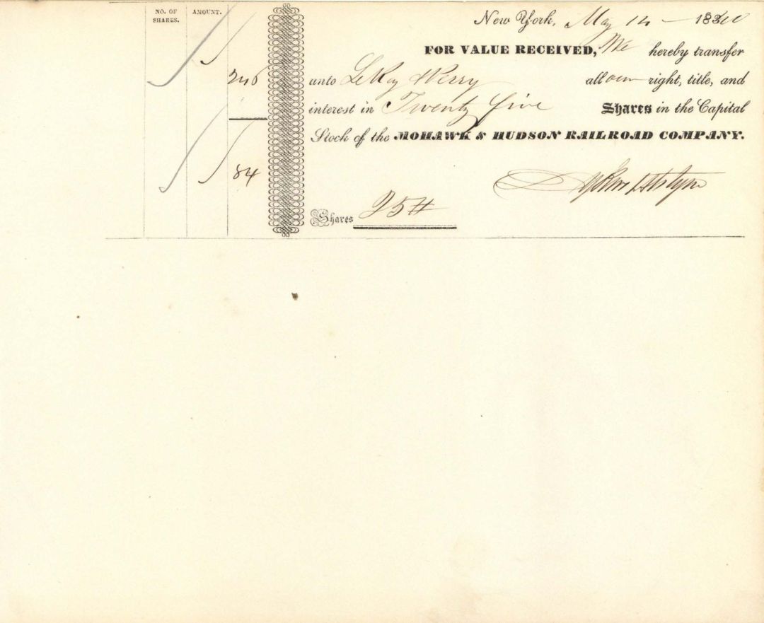 Mohawk and Hudson Railroad Co. - 1830's-1840's datd Railway Stock Transfer Certificate