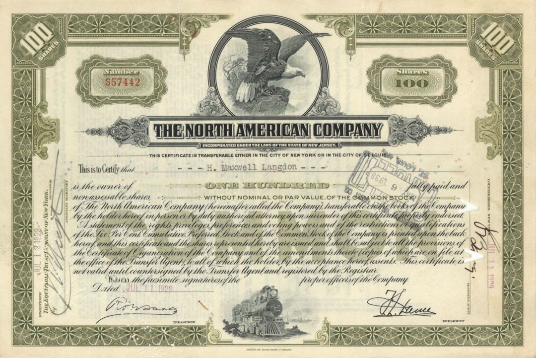 North American Co. - 1929 dated Stock Certificate