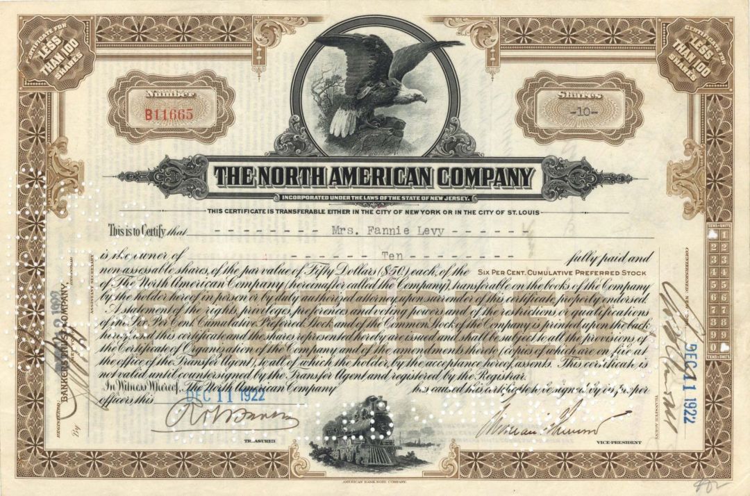 North American Co. - 1922-1926 dated Stock Certificate