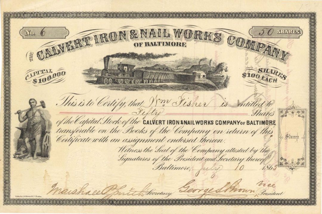 Calvert Iron and Nail Works Co. of Baltimore - 1865 dated Stock Certificate