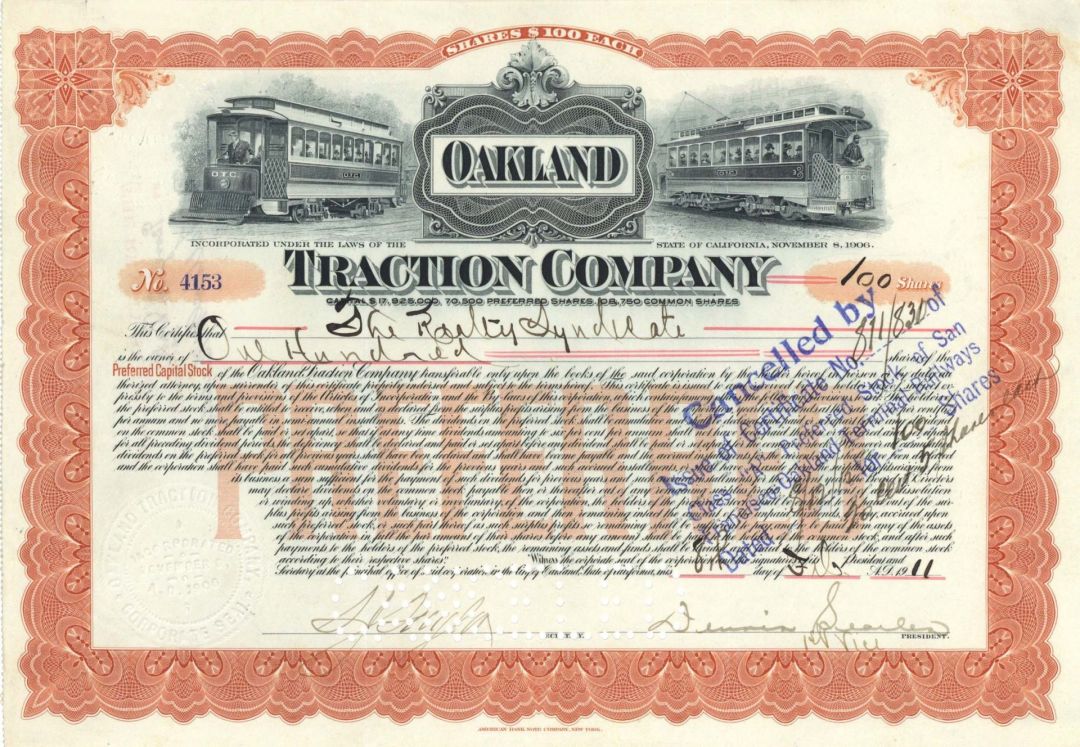 Oakland Traction Co. - 1911 dated Stock Certificate