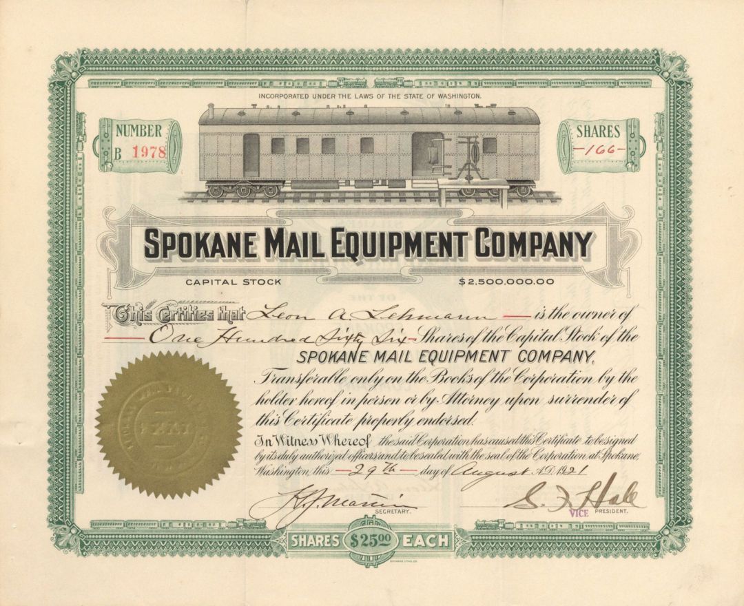 Spokane Mail Equipment Co. - 1916 or 1921 dated Railway Equipment Stock Certificate