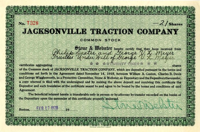 Jacksonville Traction Co. - Railroad Stock Certificate - Printed Stone & Webster