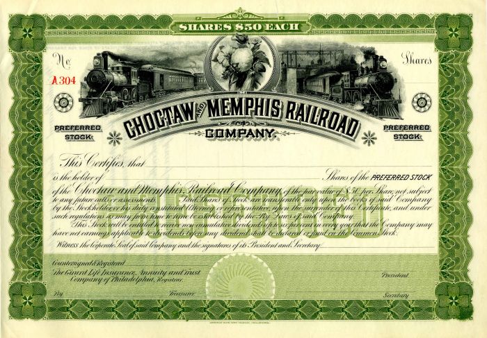 Choctaw and Memphis Railroad Co. - Unissued Preferred Railway Stock Certificate