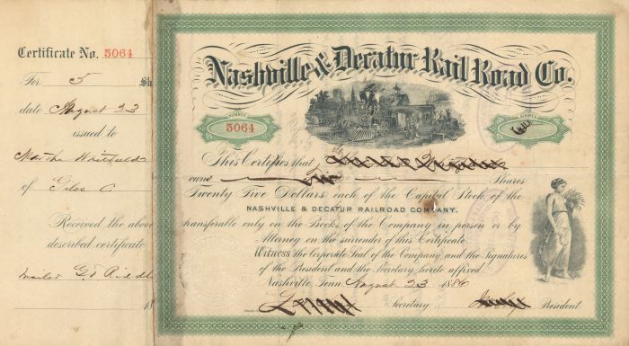 Nashville and Decatur Rail Road Co. - Railway Stock Certificate