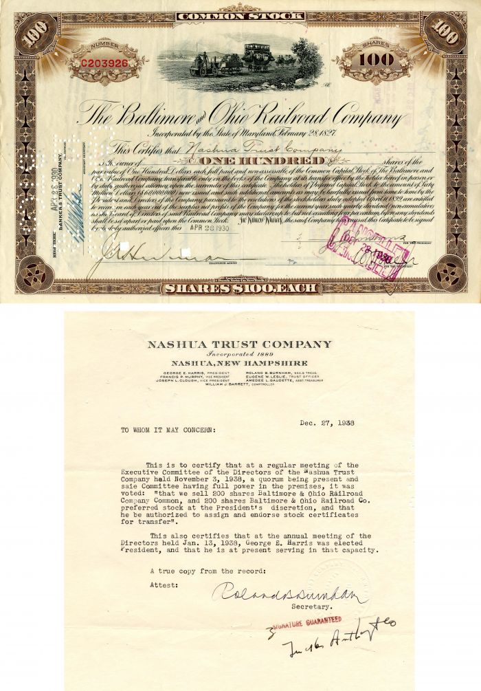 Baltimore and Ohio Railroad Co. issued to Nashua Trust Co. - Stock Certificate