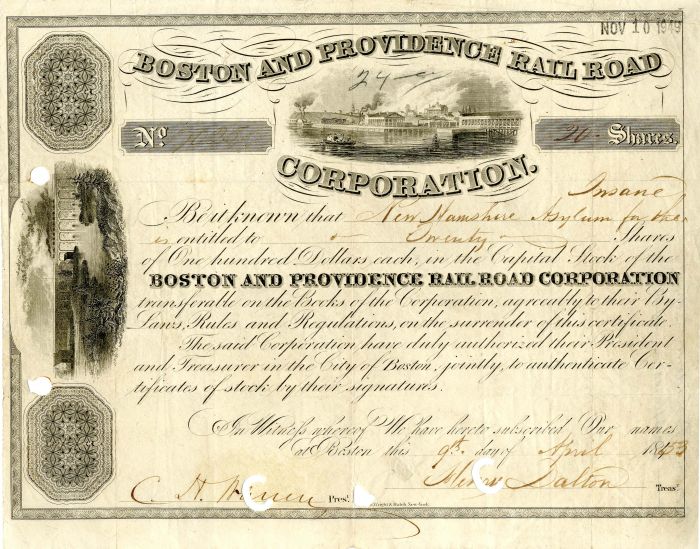 Boston and Providence Rail Road Corporation issued to New Hampshire Asylum for the Insane - Stock Certificate