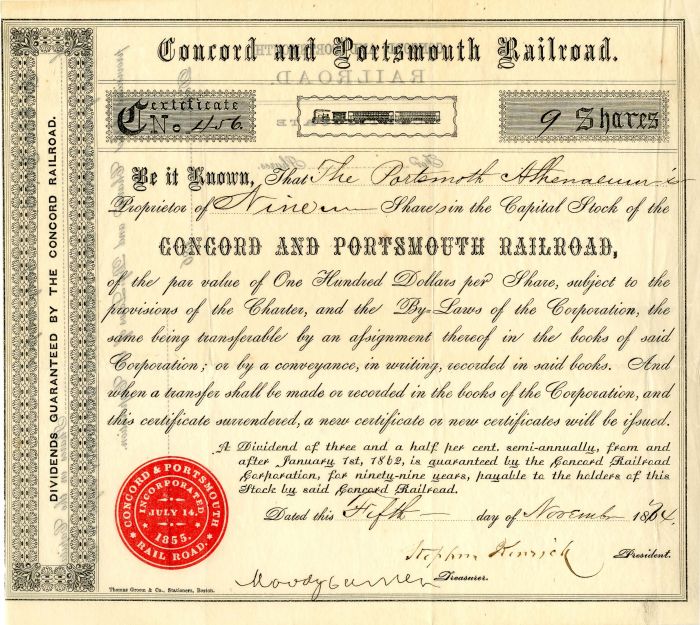 Concord and Portsmouth Railroad - 1874 dated New Hampshire Railway Stock Certificate