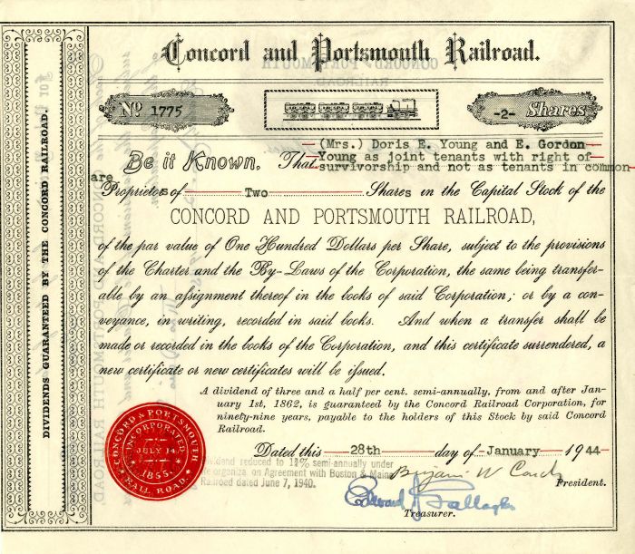 Concord and Portsmouth Railroad - 1944 dated New Hampshire Railway Stock Certificate
