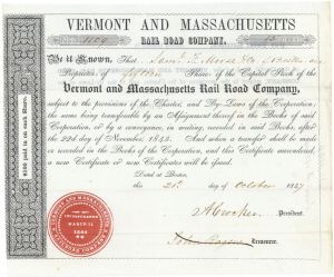 Vermont and Massachusetts Rail Road Co. - 1847 dated Railway Stock Certificate - Very Early