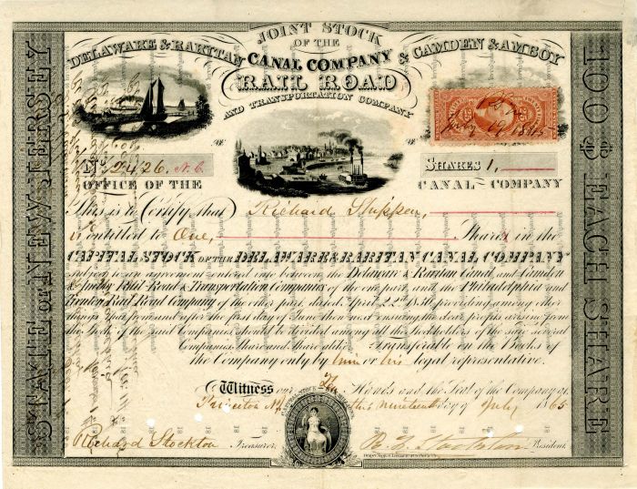 Delaware and Raritan Canal Co. and Camden and Amboy Rail Road - 1865 dated Railway Stock Certificate