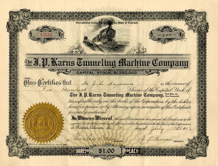 J.P. Karns Tunneling Machine Co. - Stock Certificate