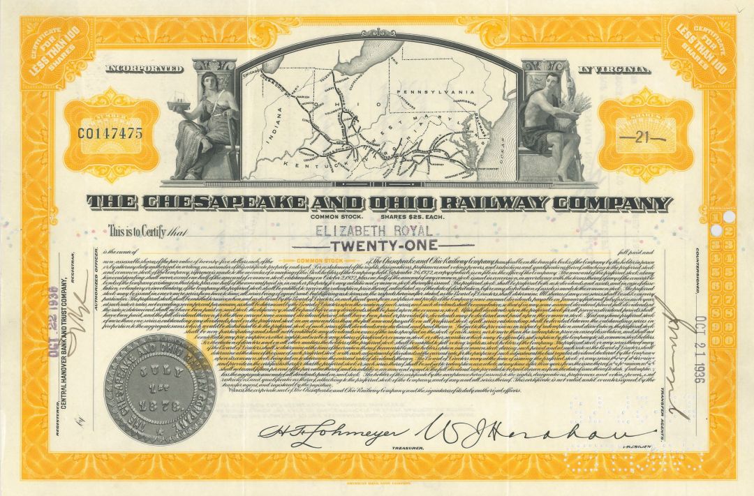 Chesapeake and Ohio Railway Co. - Very Rare Stock Certificate