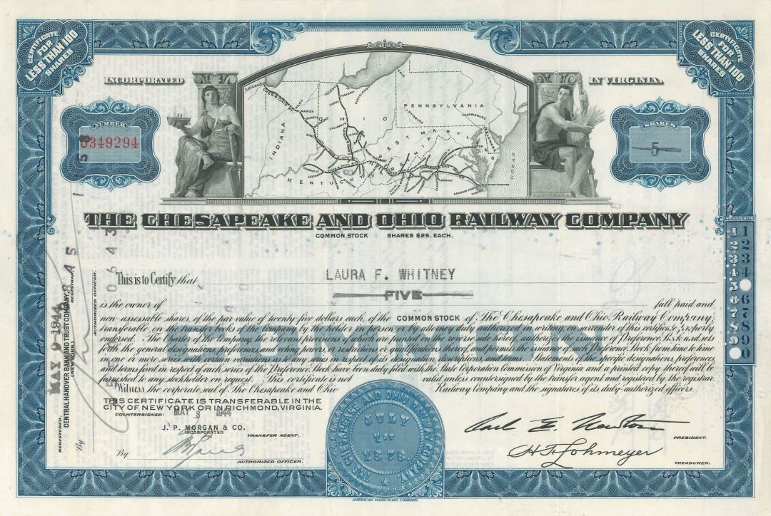 Chesapeake and Ohio Railway Co. - 1939-46 dated Railroad Stock Certificate - Very Rare Type
