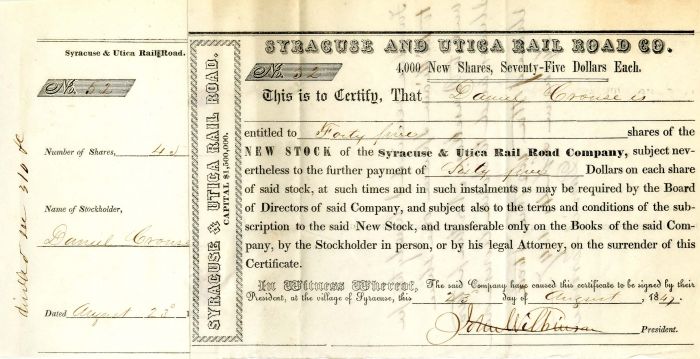 Syracuse and Utica Rail Road Co. - Stock Certificate