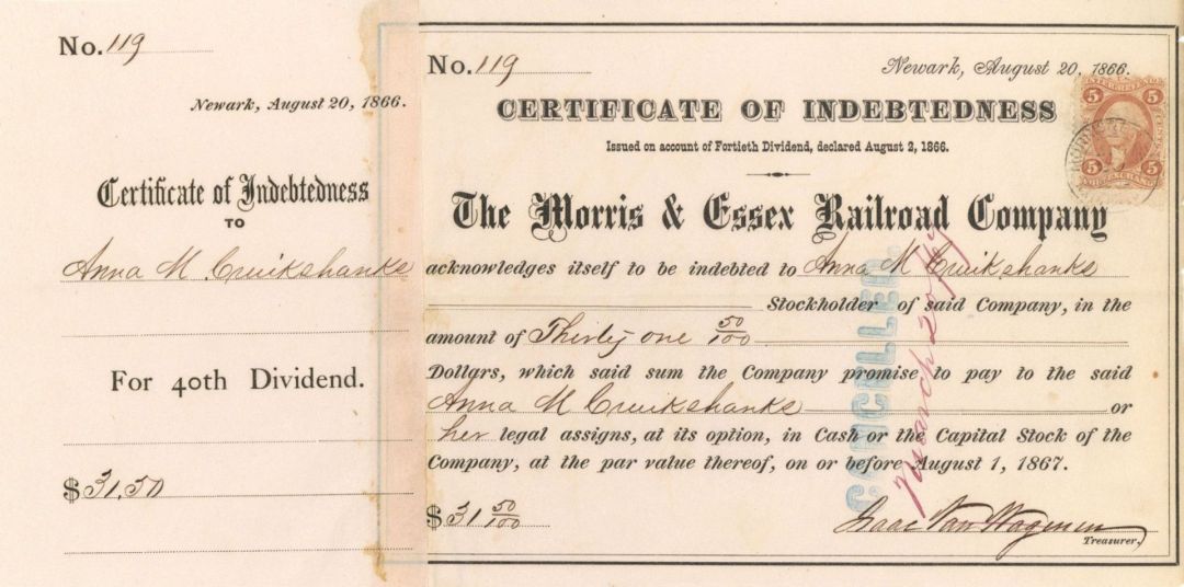 Morris and Essex Railroad Co. - Certificate of Indebtedness