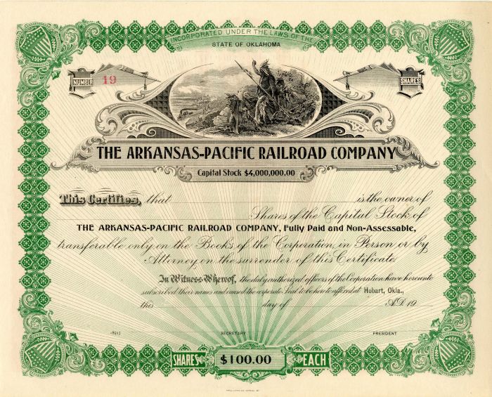 Arkansas-Pacific Railroad Co. - Stock Certificate