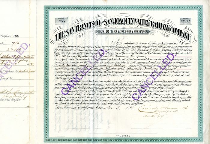 San Francisco and San Joaquin Valley Railway Co.  - Stock Certificate