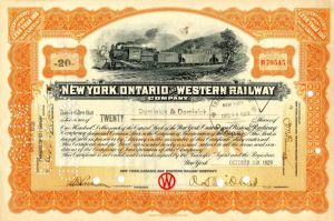 October 29, 1929 - NY, Ontario and Western Rwy Stock Certificate dated the day of the Wall Street Crash!