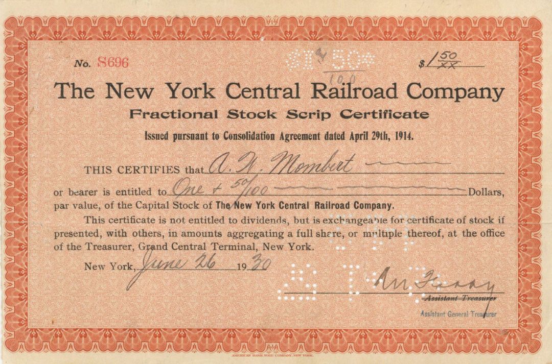 New York Central Railroad Co. - Stock Certificate