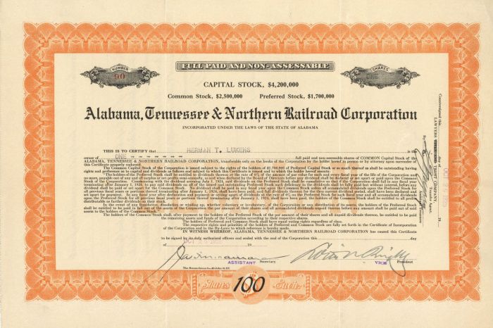 Alabama, Tennessee and Northern Railroad Corporation - Railway Stock Certificate