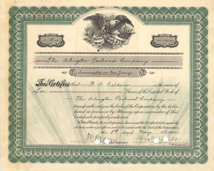 Arlington Railroad Co. - Stock Certificate